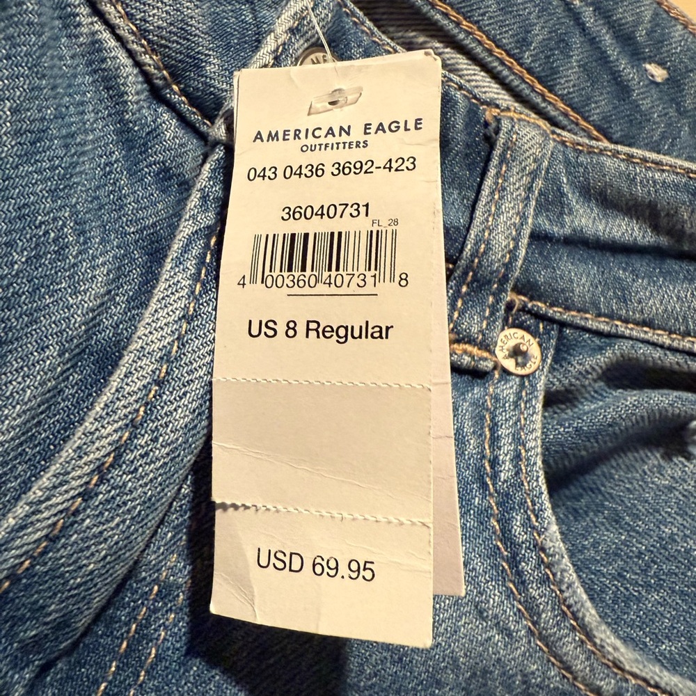 NWT American Eagle Mom Straight Jean Blue Denim plaid patchwork size 8 reg - Picture 10 of 12